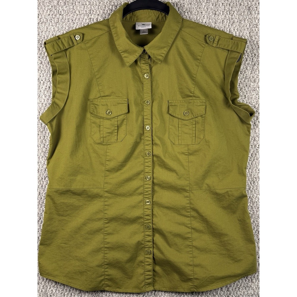 Olive Green Utility Button Up Shirt Sleeveless Military Safari Stretch L